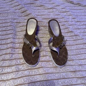 Coach Brown Signature Thong Sandals with Metallic Silver Straps